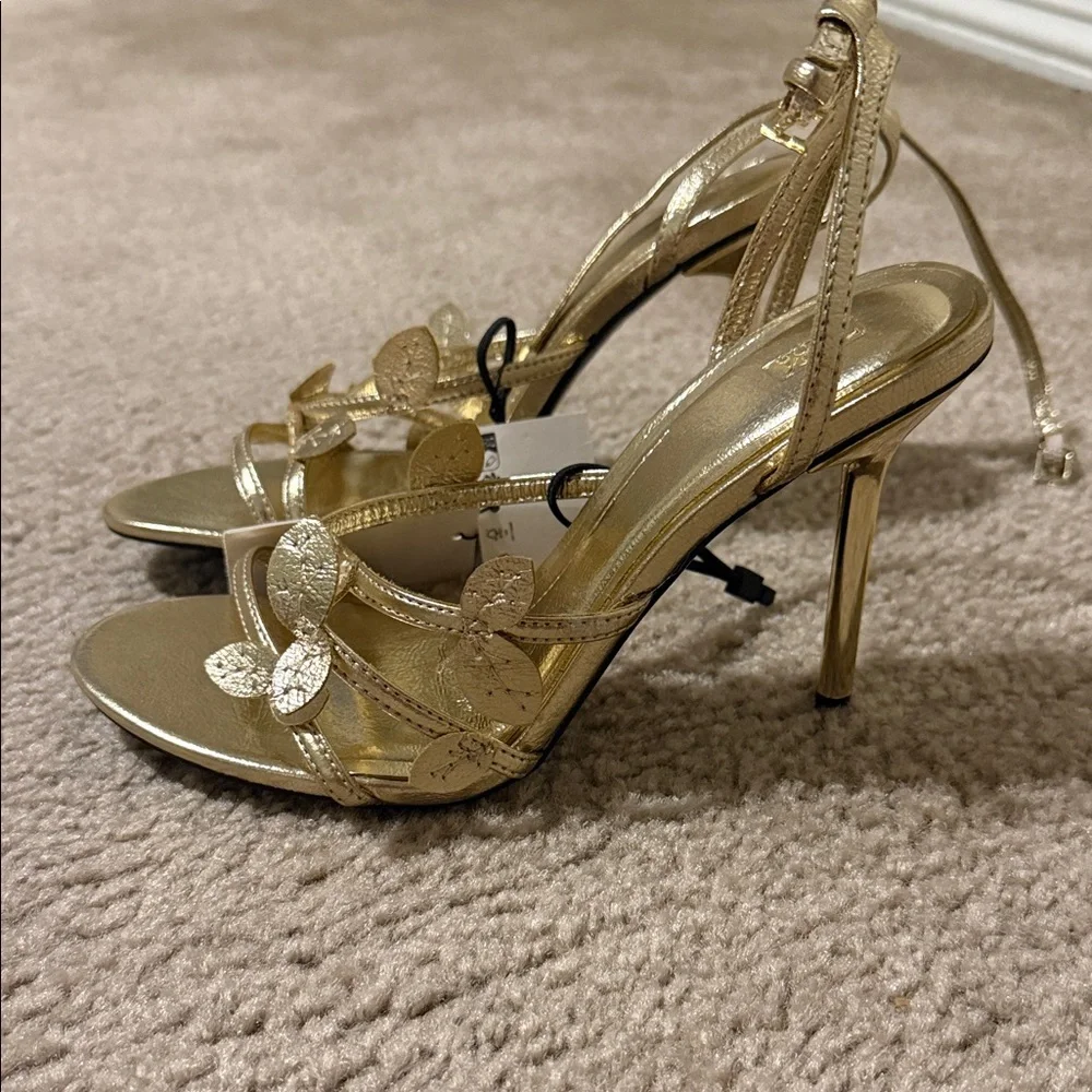 Zara Gold Leaf-Strap Satin Heel Sandals - Picture 2 of 5